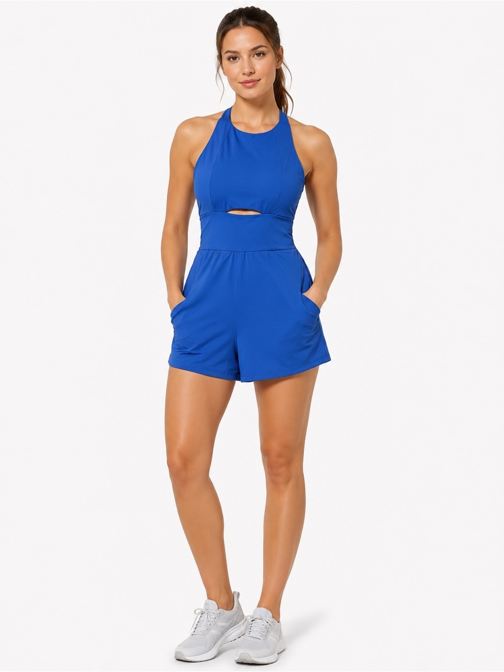 Royal Blue Halter Romper Women’s Size L Stretchy One Piece With Pockets Yoga Gym